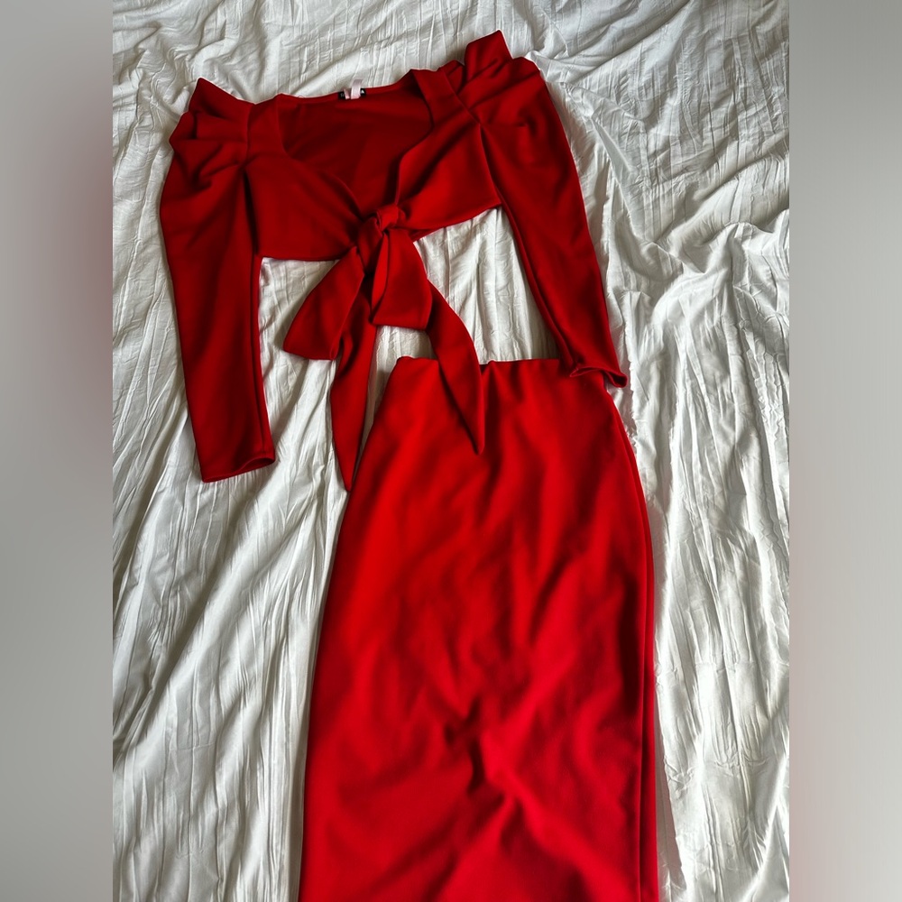 Red Two Piece Skirt Set